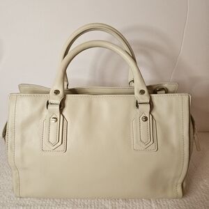 Halston Leather Off White Shoulder Bag, Tote. Suede Brown Lining